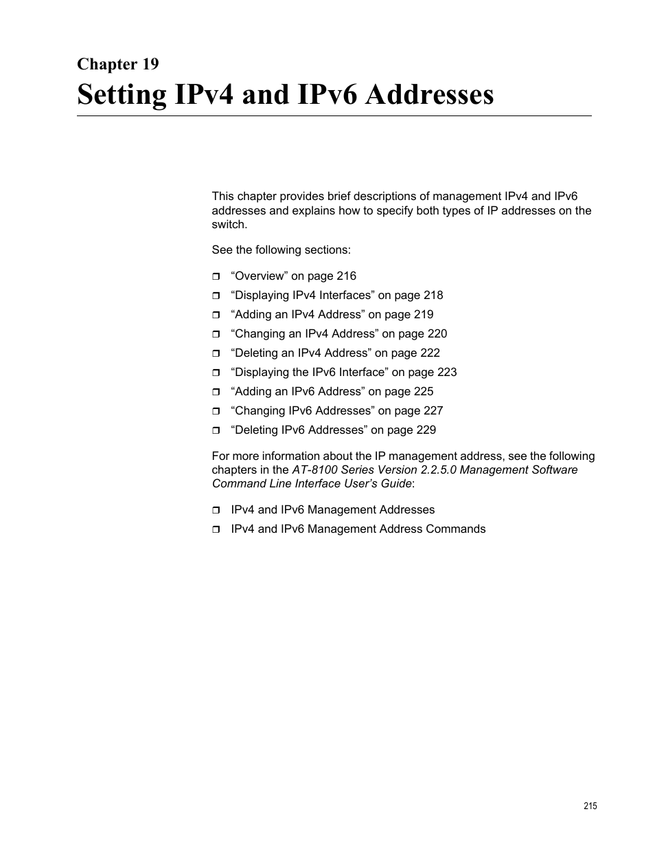 Chapter 19, Setting ipv4 and ipv6 addresses | Allied Telesis AT-8100 Series User Manual | Page 215 / 330