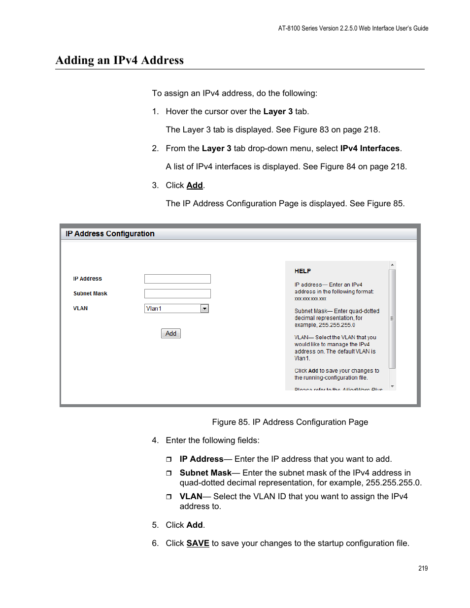 Adding an ipv4 address | Allied Telesis AT-8100 Series User Manual | Page 219 / 330