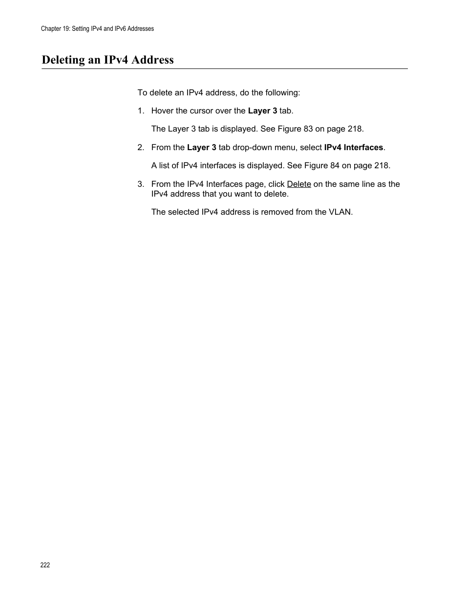 Deleting an ipv4 address | Allied Telesis AT-8100 Series User Manual | Page 222 / 330