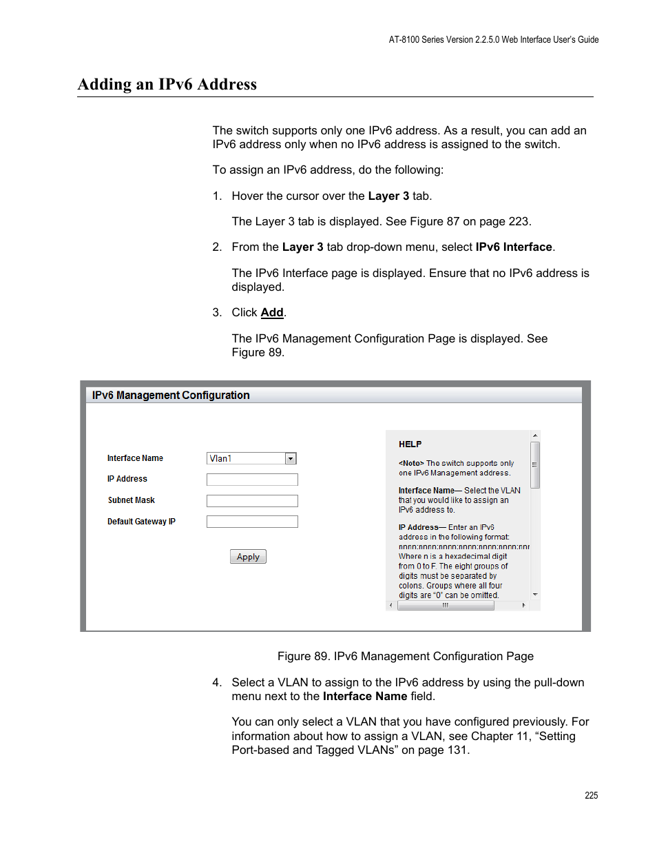 Adding an ipv6 address | Allied Telesis AT-8100 Series User Manual | Page 225 / 330