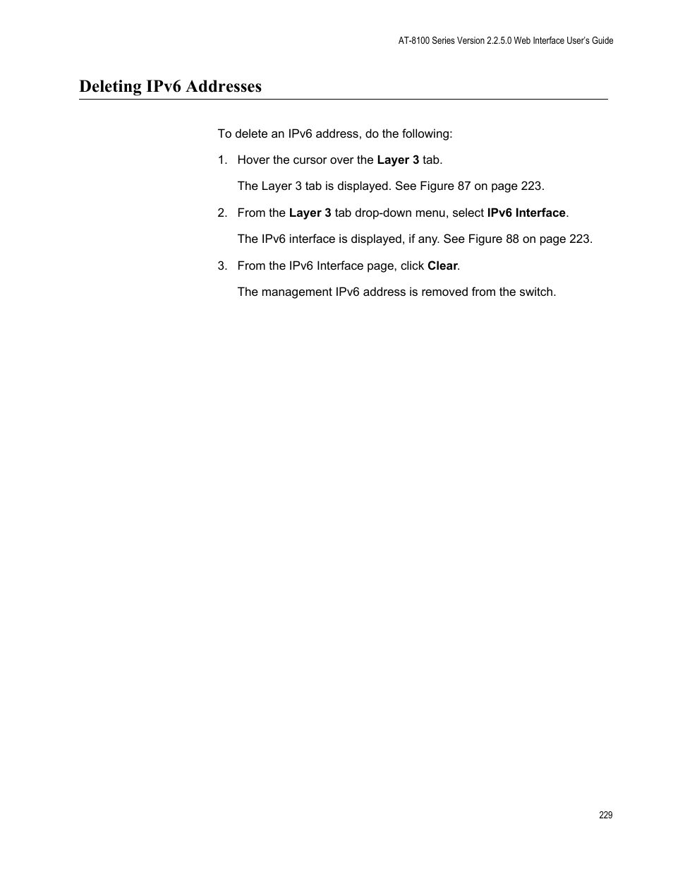Deleting ipv6 addresses | Allied Telesis AT-8100 Series User Manual | Page 229 / 330