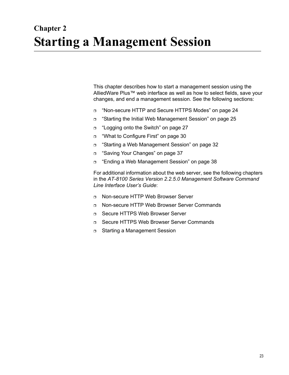 Chapter 2, Starting a management session, R 2: starting a management session | Allied Telesis AT-8100 Series User Manual | Page 23 / 330