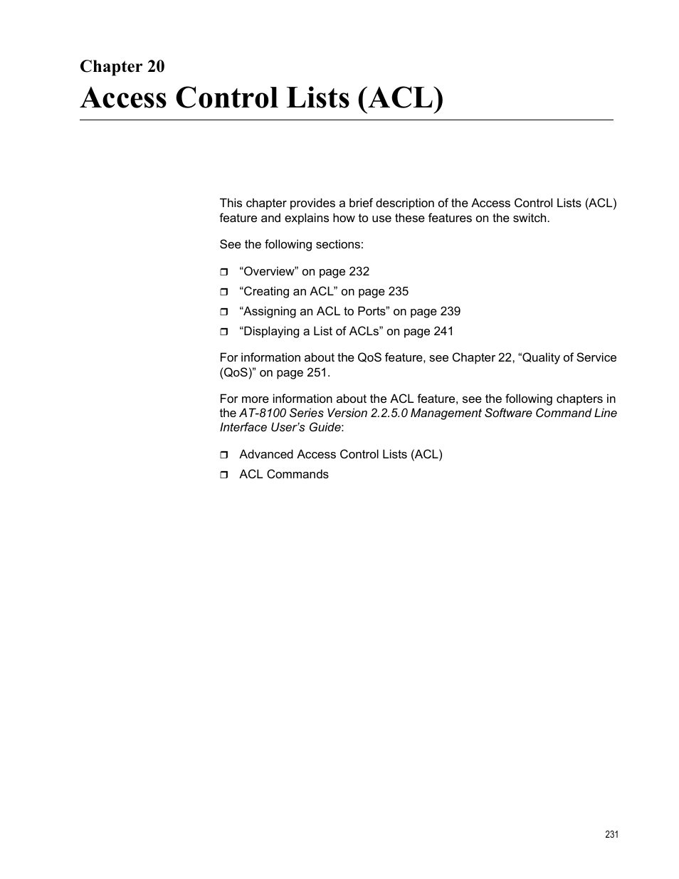 Chapter 20, Access control lists (acl) | Allied Telesis AT-8100 Series User Manual | Page 231 / 330