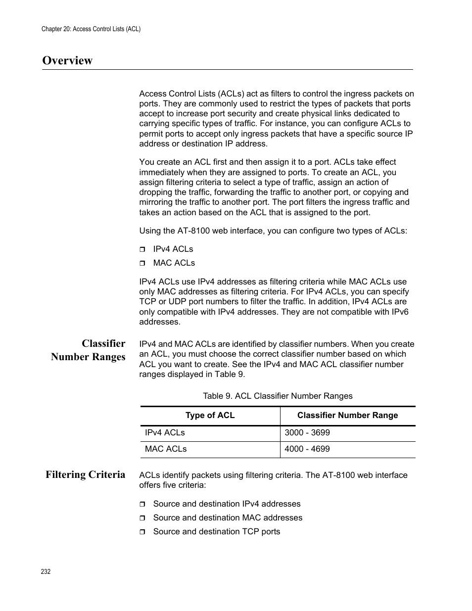 Overview, Classifier number ranges, Filtering criteria | Classifier number ranges filtering criteria | Allied Telesis AT-8100 Series User Manual | Page 232 / 330