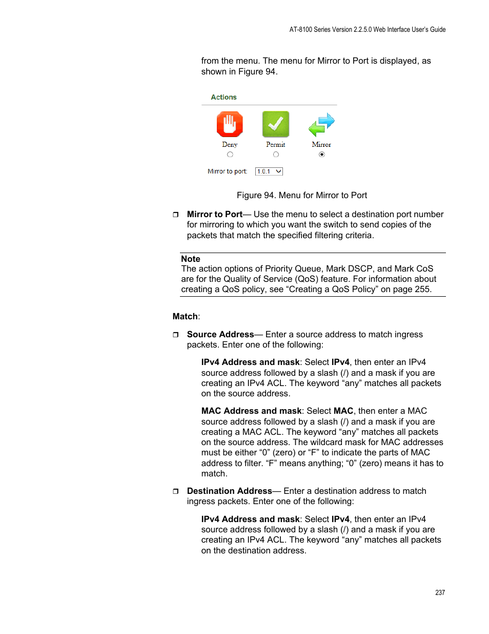 Figure 94: menu for mirror to port | Allied Telesis AT-8100 Series User Manual | Page 237 / 330