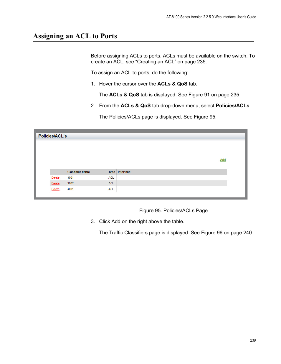 Assigning an acl to ports | Allied Telesis AT-8100 Series User Manual | Page 239 / 330