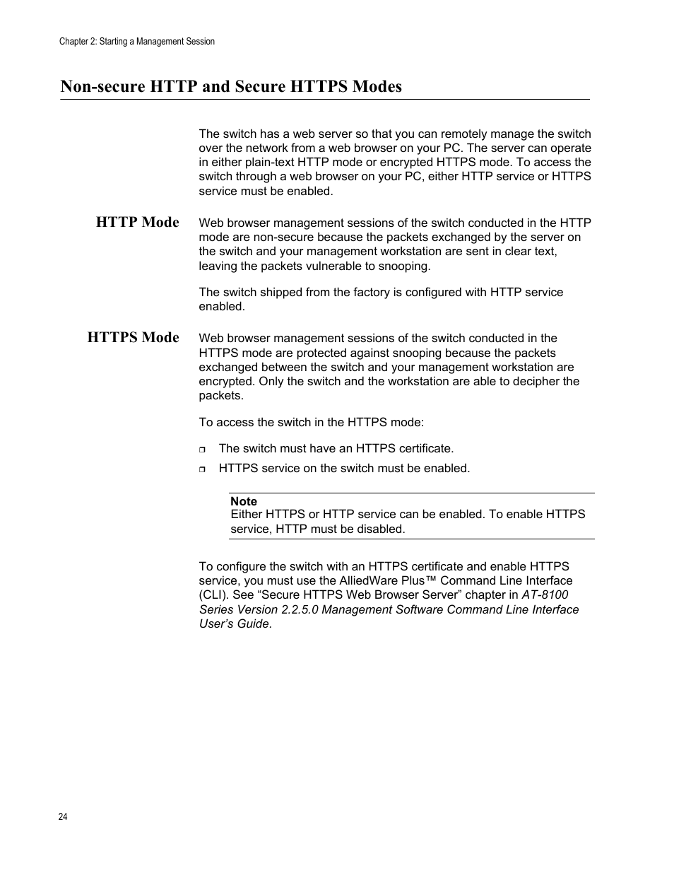 Non-secure http and secure https modes, Http mode, Https mode | Http mode https mode | Allied Telesis AT-8100 Series User Manual | Page 24 / 330