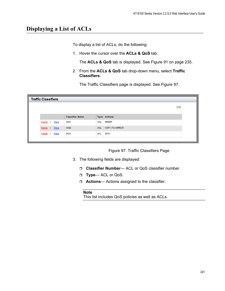 Displaying a list of acls | Allied Telesis AT-8100 Series User Manual | Page 241 / 330