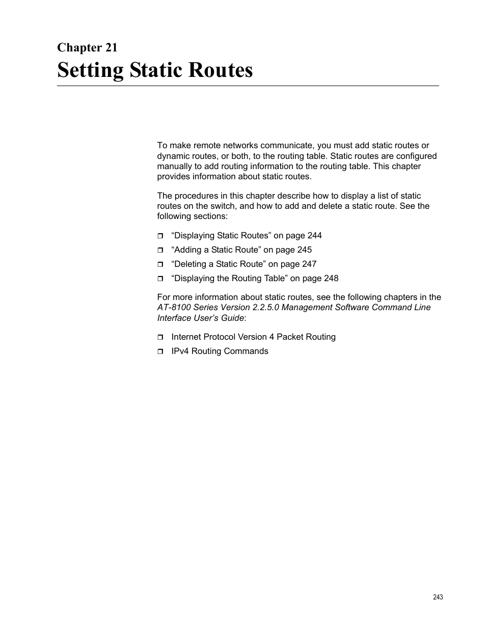 Chapter 21, Setting static routes | Allied Telesis AT-8100 Series User Manual | Page 243 / 330