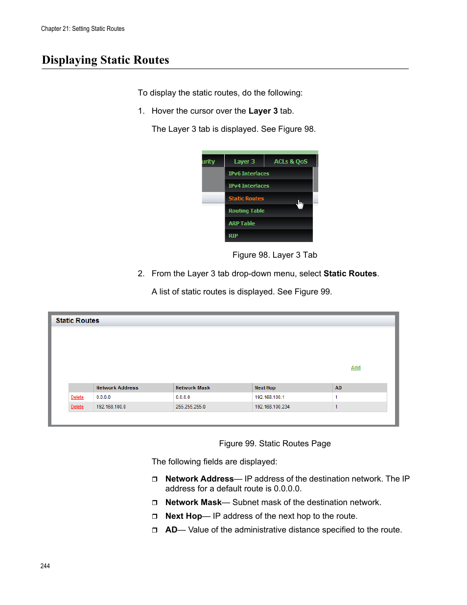 Displaying static routes | Allied Telesis AT-8100 Series User Manual | Page 244 / 330