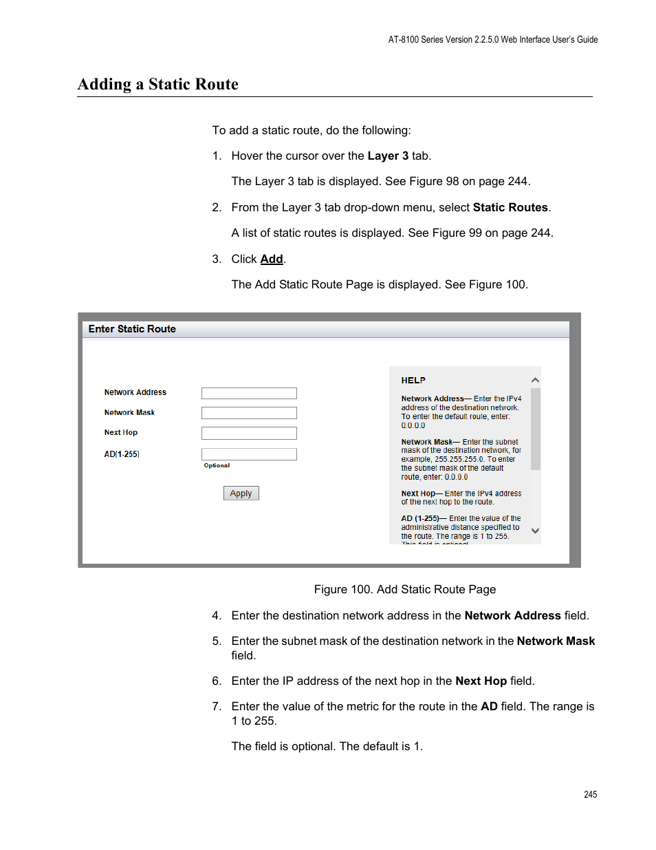 Adding a static route | Allied Telesis AT-8100 Series User Manual | Page 245 / 330