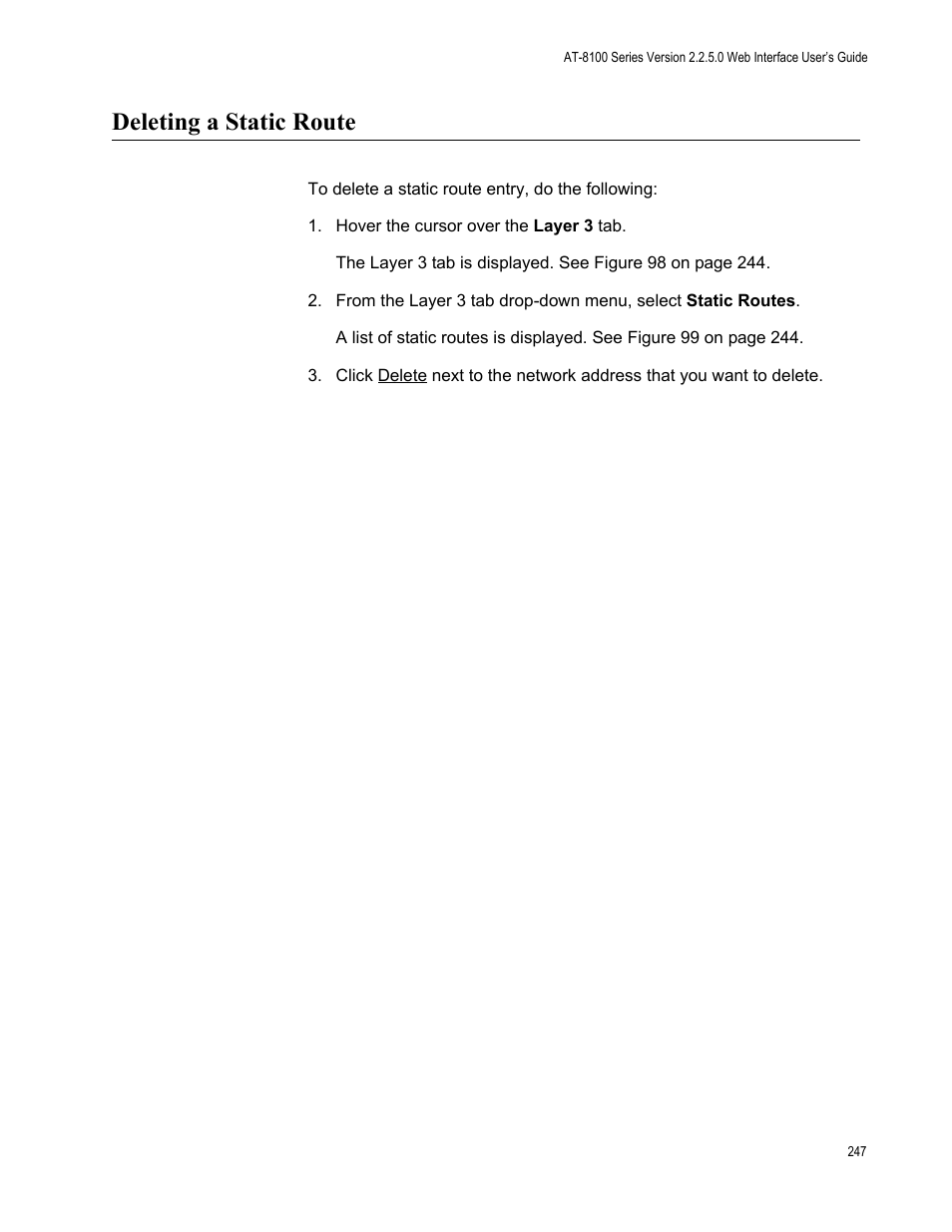 Deleting a static route | Allied Telesis AT-8100 Series User Manual | Page 247 / 330