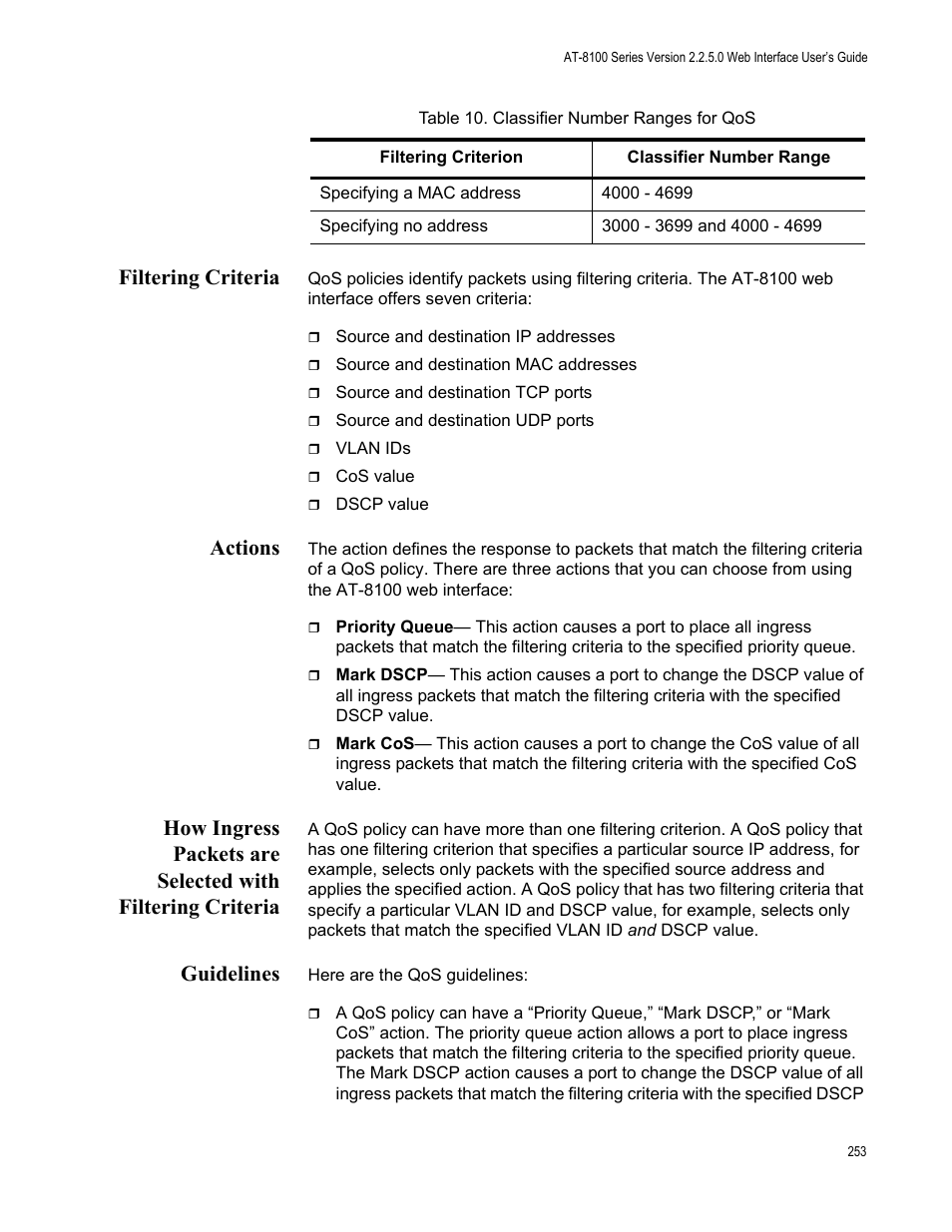 Filtering criteria, Actions, Guidelines | Allied Telesis AT-8100 Series User Manual | Page 253 / 330