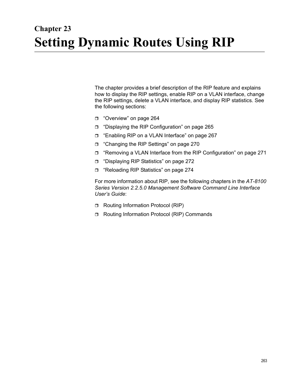 Chapter 23, Setting dynamic routes using rip | Allied Telesis AT-8100 Series User Manual | Page 263 / 330