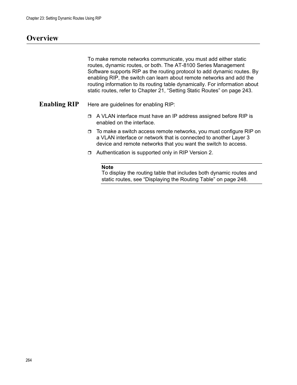 Overview, Enabling rip | Allied Telesis AT-8100 Series User Manual | Page 264 / 330