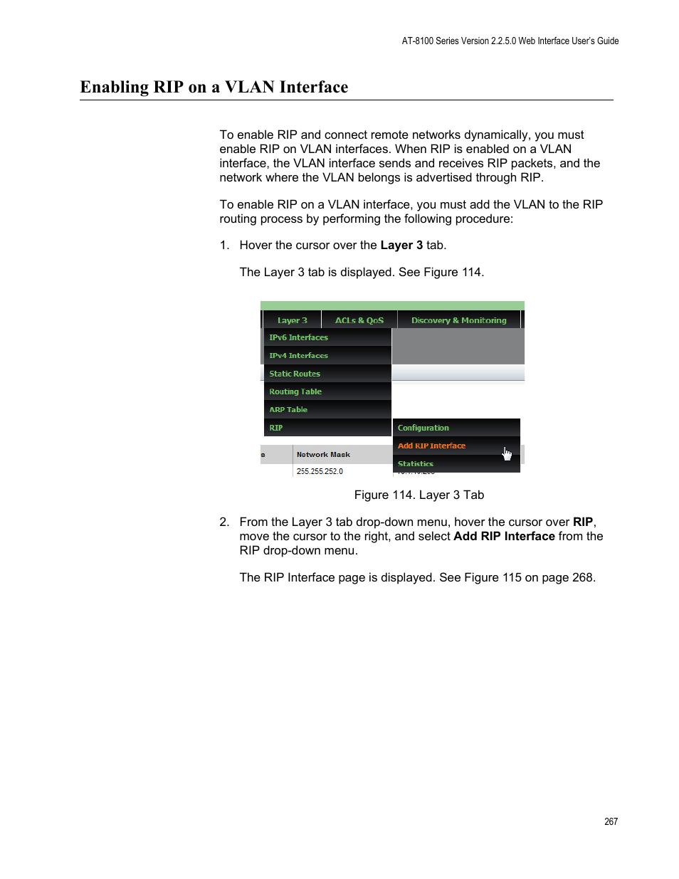 Enabling rip on a vlan interface, Figure 114: layer 3 tab | Allied Telesis AT-8100 Series User Manual | Page 267 / 330