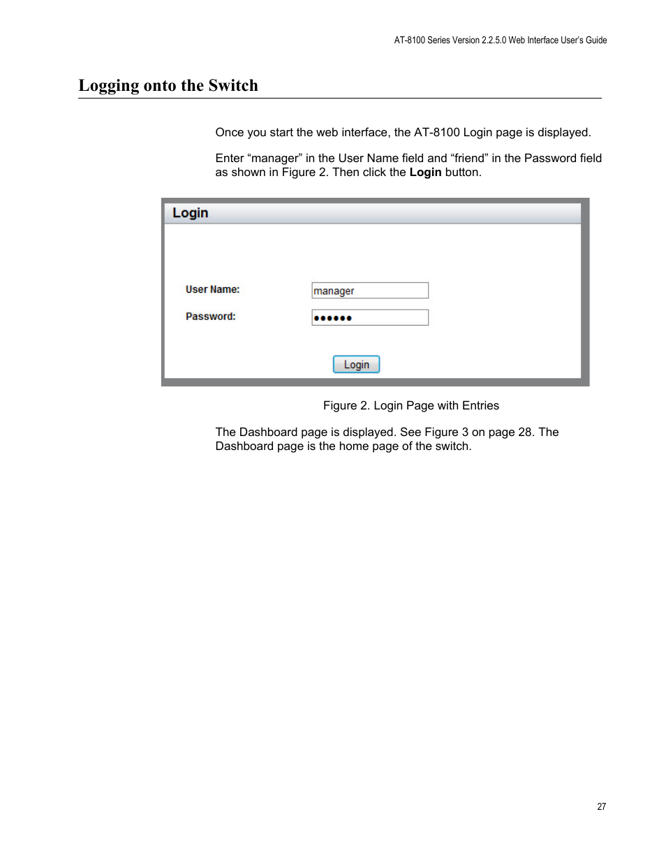 Logging onto the switch | Allied Telesis AT-8100 Series User Manual | Page 27 / 330