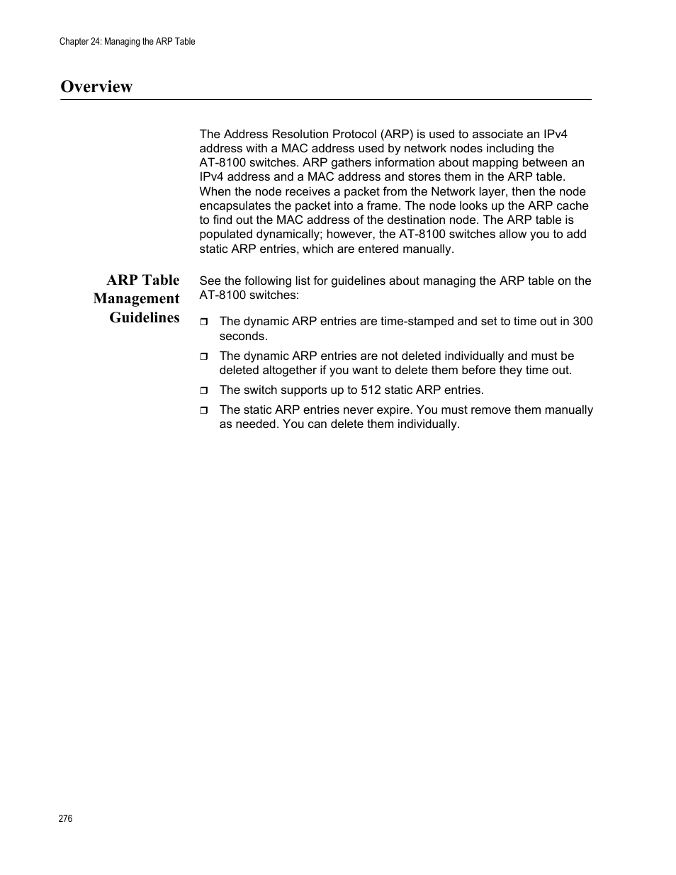 Overview, Arp table management guidelines | Allied Telesis AT-8100 Series User Manual | Page 276 / 330