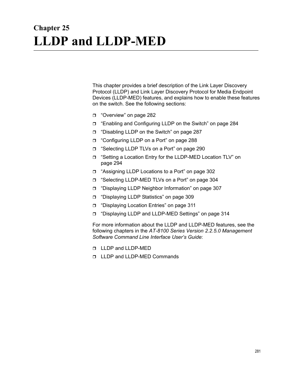 Chapter 25, Lldp and lldp-med | Allied Telesis AT-8100 Series User Manual | Page 281 / 330