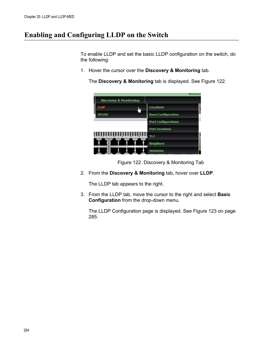 Enabling and configuring lldp on the switch, Figure 122: discovery & monitoring tab | Allied Telesis AT-8100 Series User Manual | Page 284 / 330