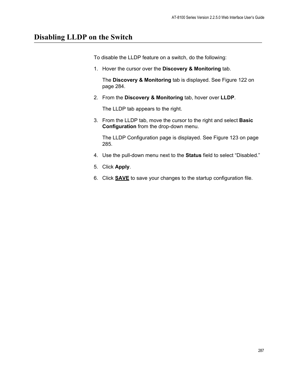 Disabling lldp on the switch | Allied Telesis AT-8100 Series User Manual | Page 287 / 330