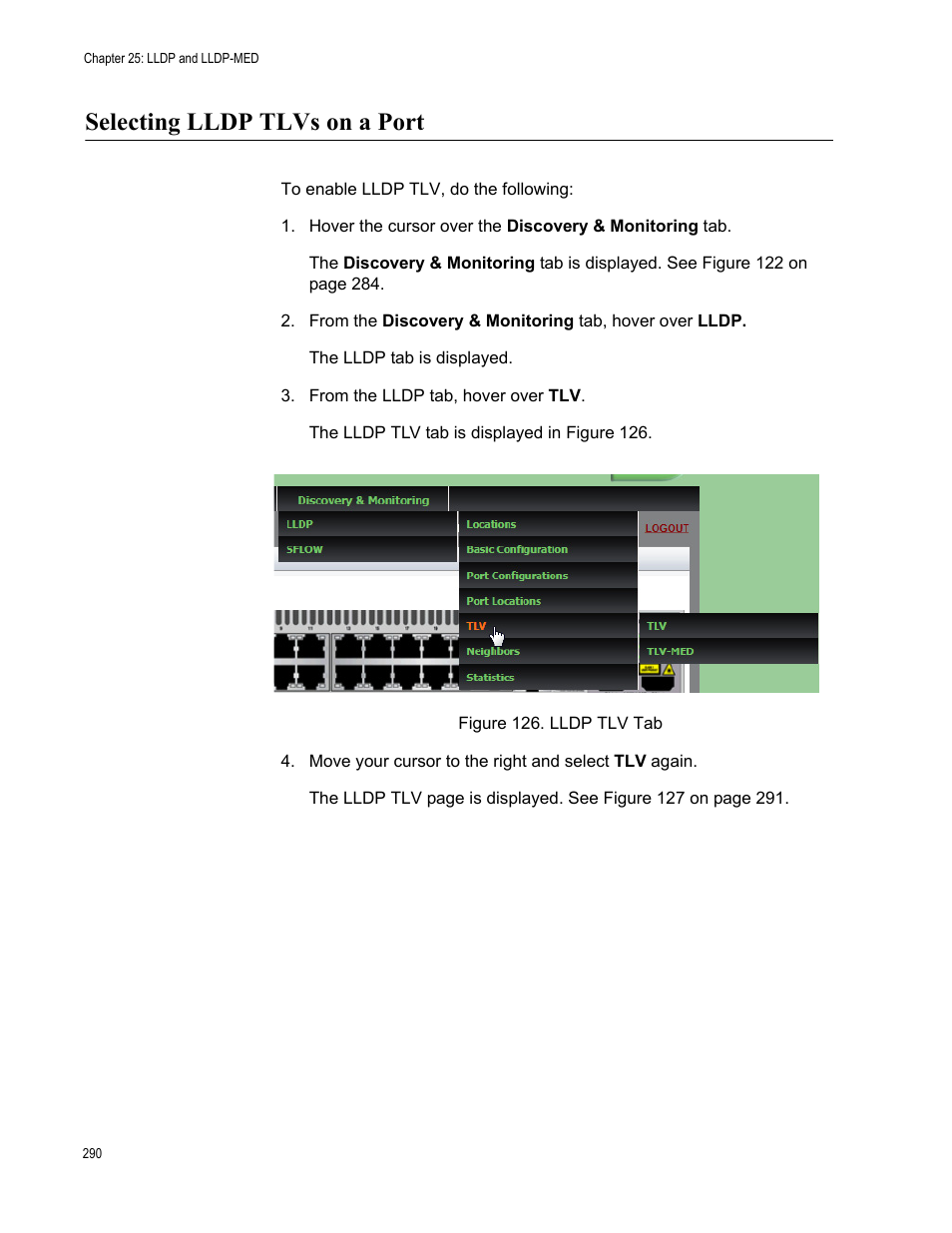 Selecting lldp tlvs on a port, Figure 126: lldp tlv tab | Allied Telesis AT-8100 Series User Manual | Page 290 / 330