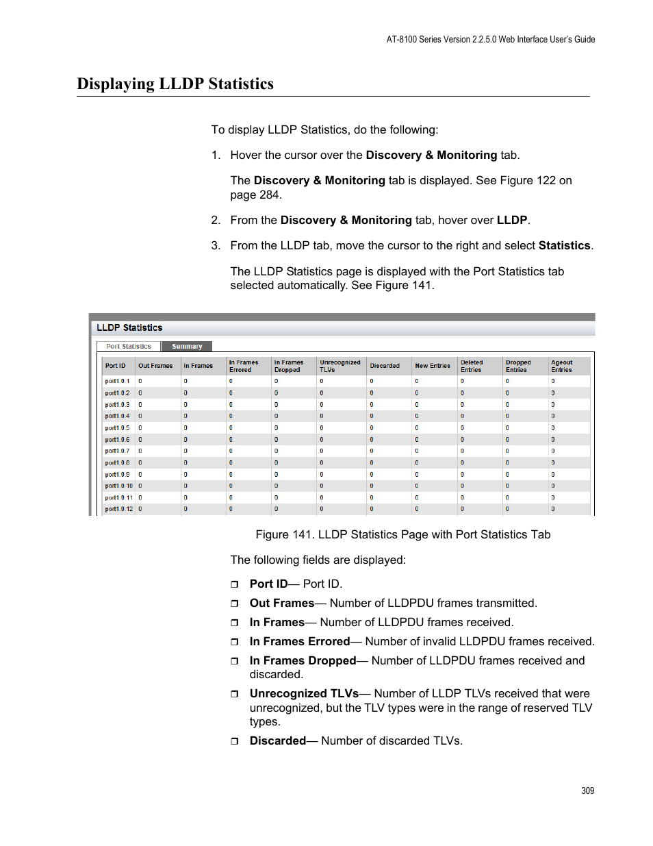 Displaying lldp statistics | Allied Telesis AT-8100 Series User Manual | Page 309 / 330