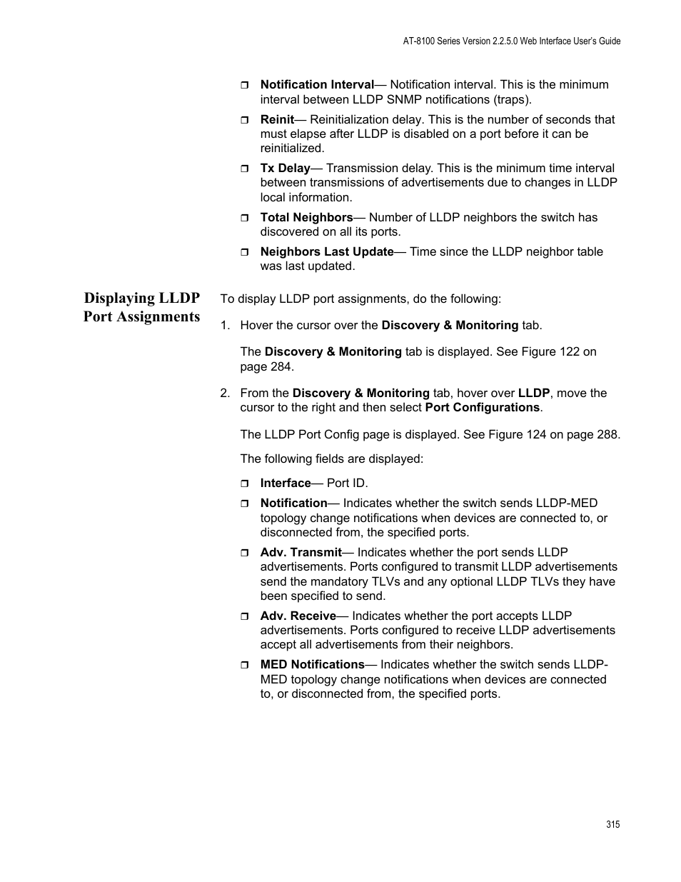 Displaying lldp port assignments | Allied Telesis AT-8100 Series User Manual | Page 315 / 330