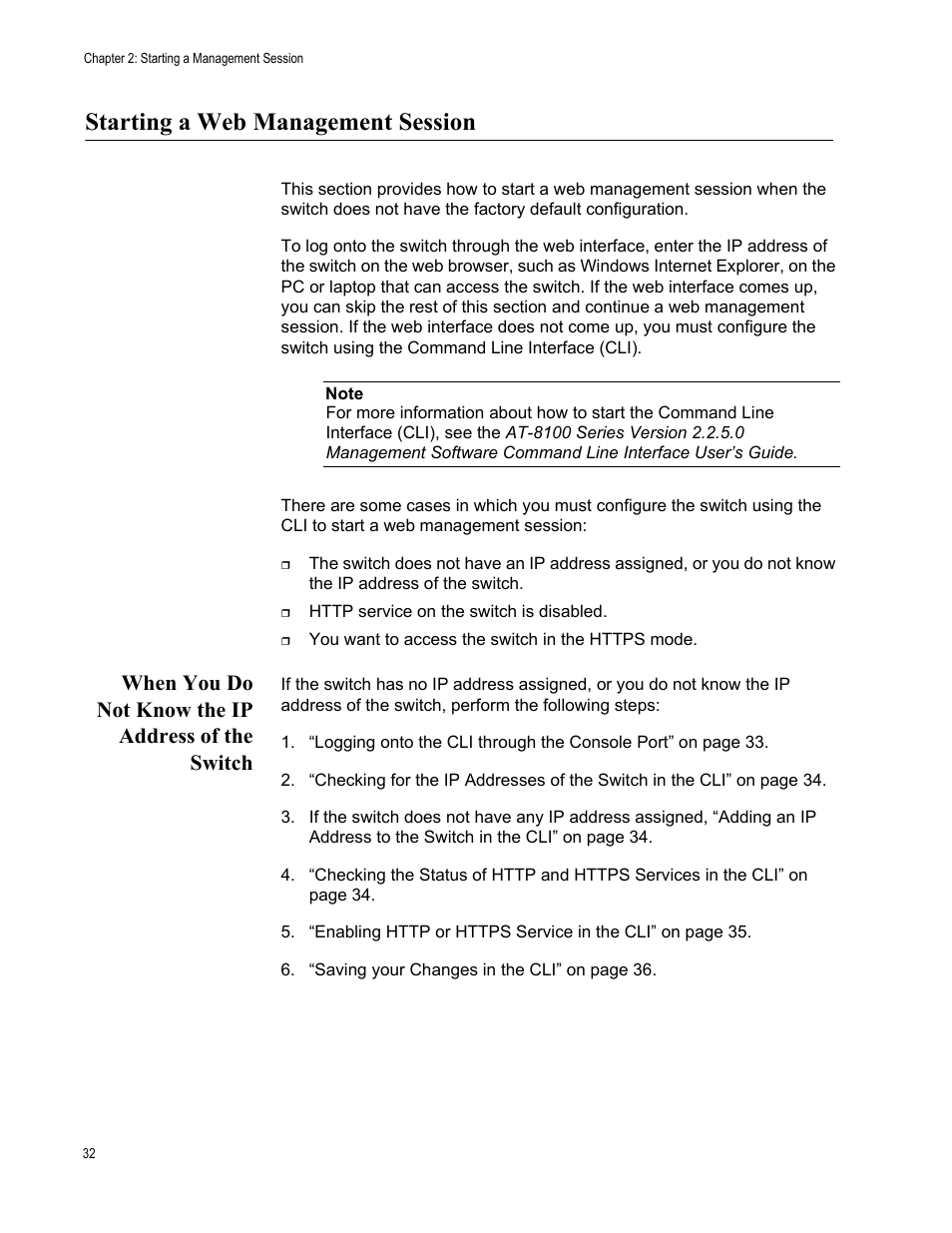 Starting a web management session, When you do not know the ip address of the switch | Allied Telesis AT-8100 Series User Manual | Page 32 / 330