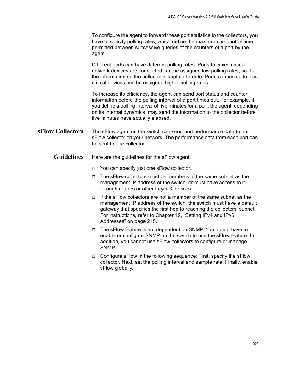 Sflow collectors, Guidelines, Sflow collectors guidelines | Allied Telesis AT-8100 Series User Manual | Page 323 / 330