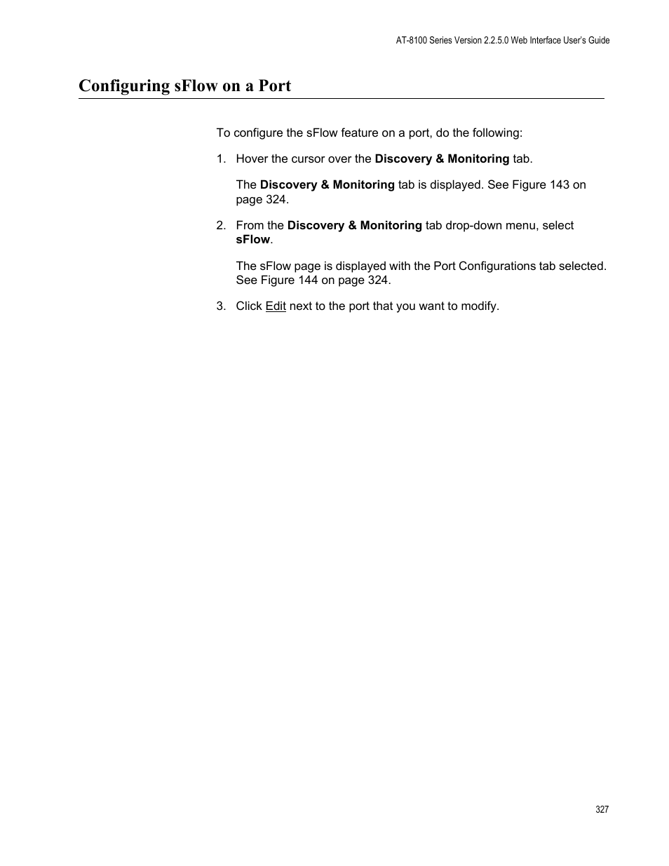 Configuring sflow on a port | Allied Telesis AT-8100 Series User Manual | Page 327 / 330
