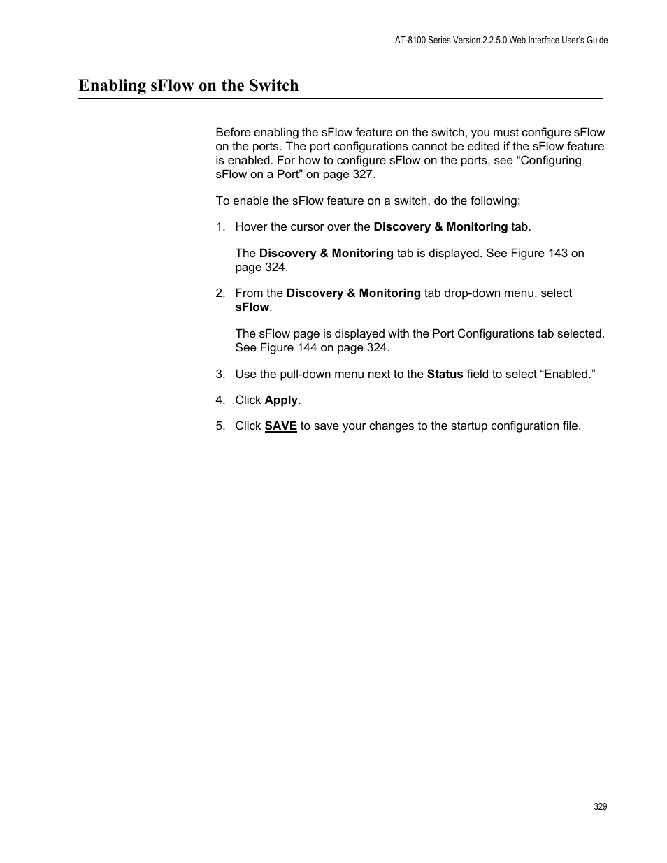 Enabling sflow on the switch | Allied Telesis AT-8100 Series User Manual | Page 329 / 330