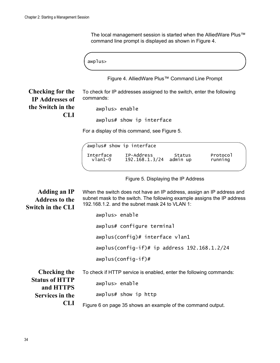 Adding an ip address to the switch in the cli, Adding an ip | Allied Telesis AT-8100 Series User Manual | Page 34 / 330