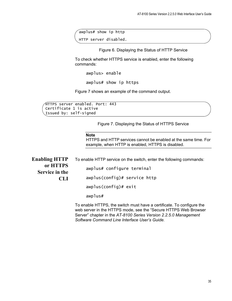 Enabling http or https service in the cli | Allied Telesis AT-8100 Series User Manual | Page 35 / 330