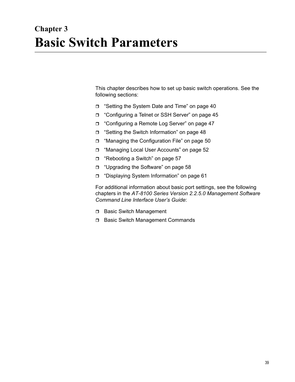 Chapter 3, Basic switch parameters | Allied Telesis AT-8100 Series User Manual | Page 39 / 330