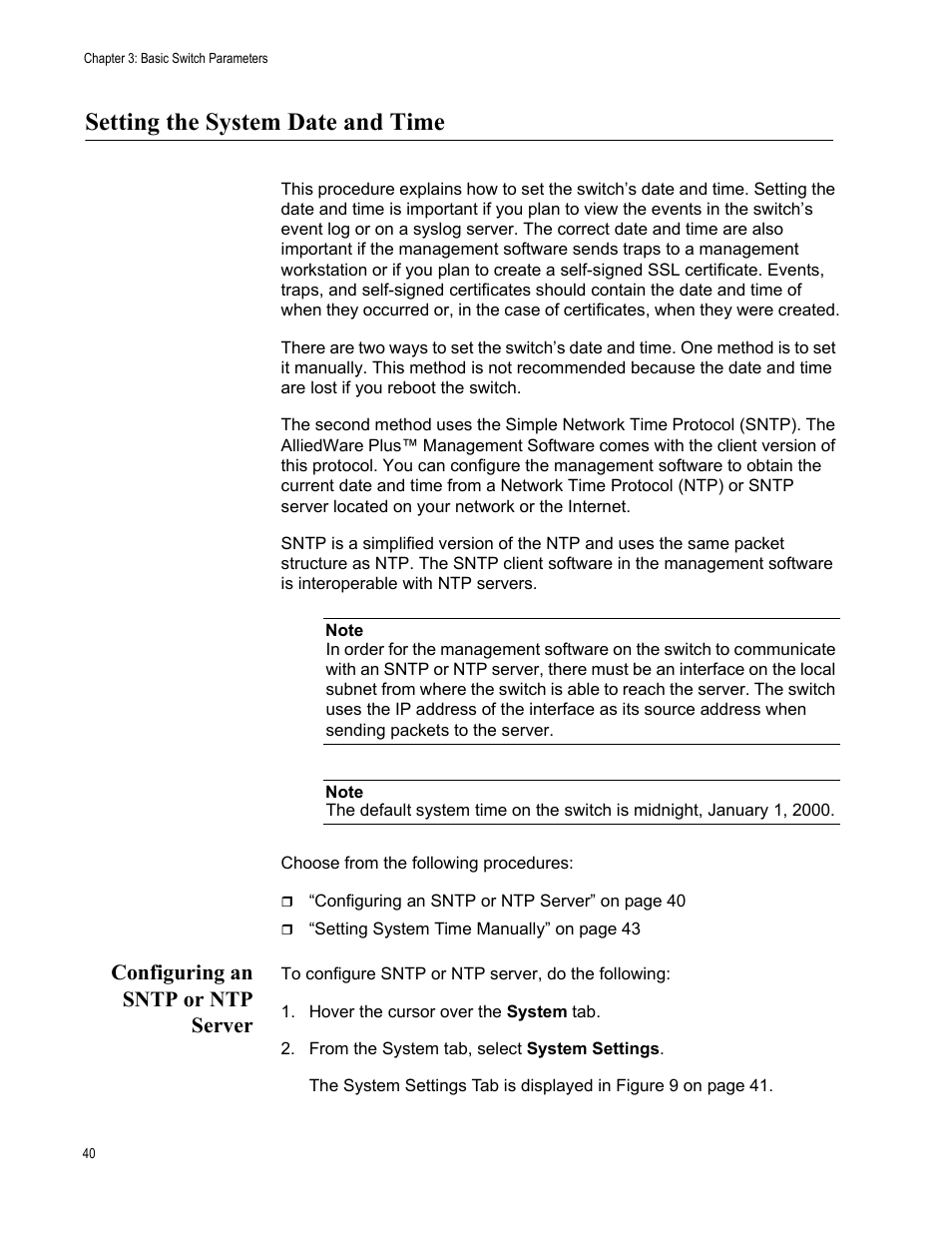 Setting the system date and time, Configuring an sntp or ntp server | Allied Telesis AT-8100 Series User Manual | Page 40 / 330