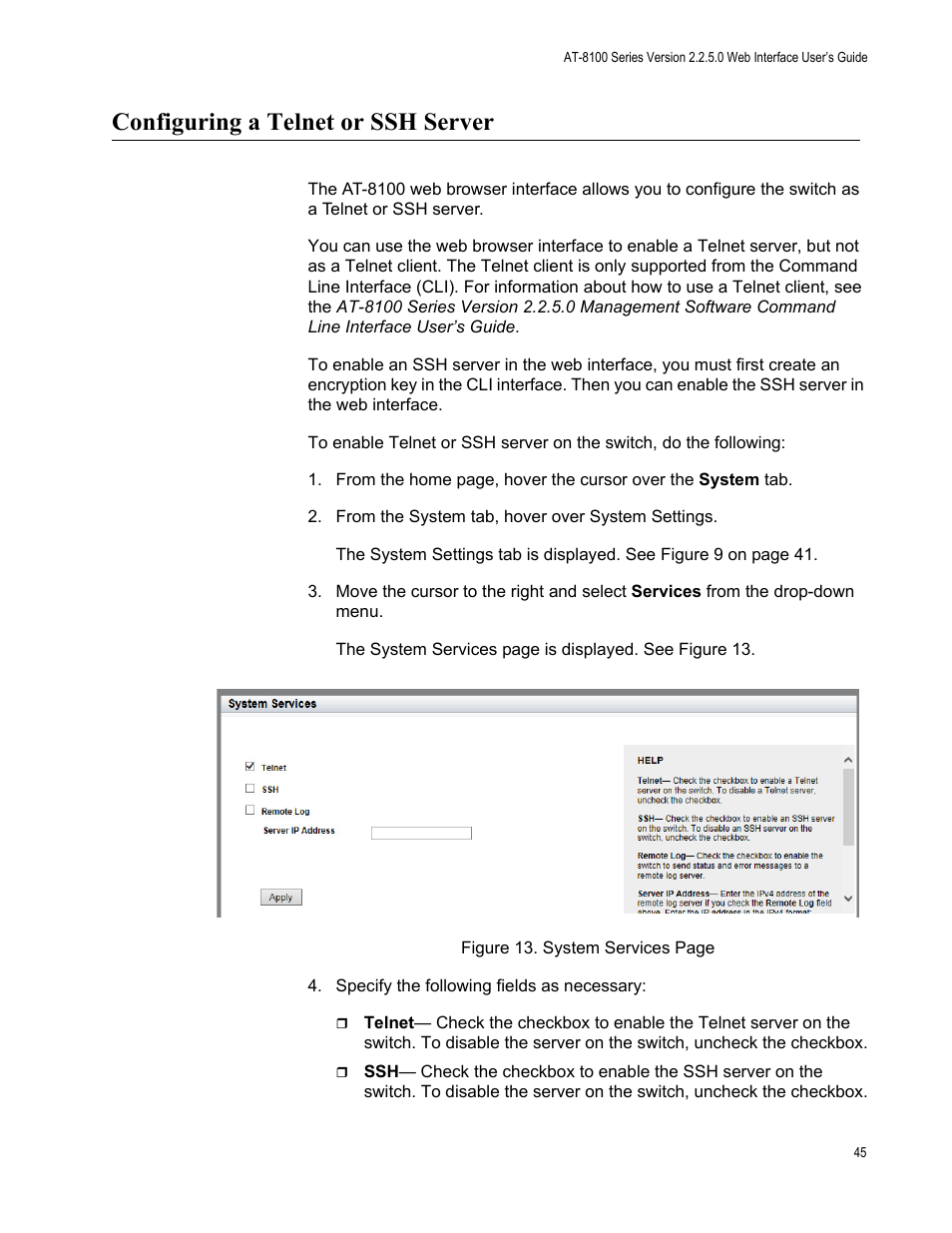 Configuring a telnet or ssh server | Allied Telesis AT-8100 Series User Manual | Page 45 / 330