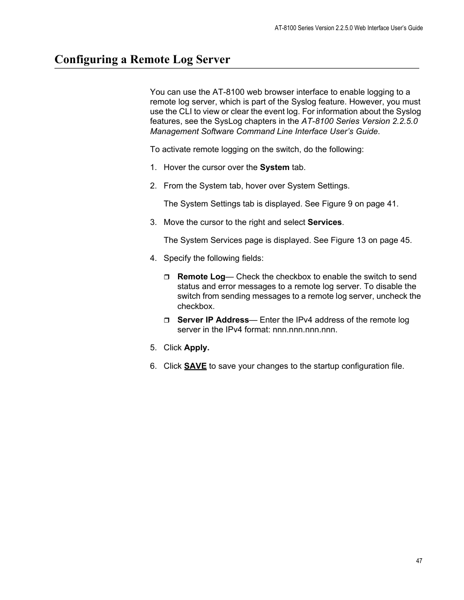 Configuring a remote log server | Allied Telesis AT-8100 Series User Manual | Page 47 / 330