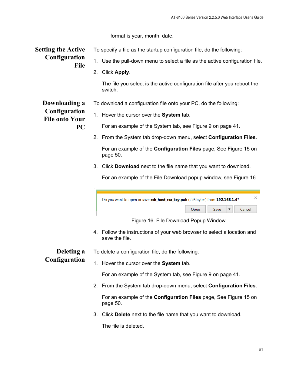 Setting the active configuration file, Downloading a configuration file onto your pc, Deleting a configuration | Figure 16: file download popup window | Allied Telesis AT-8100 Series User Manual | Page 51 / 330