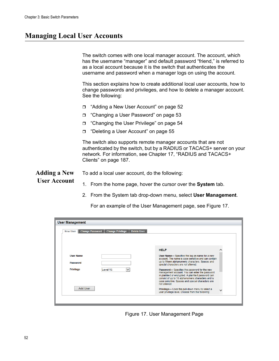 Managing local user accounts, Adding a new user account | Allied Telesis AT-8100 Series User Manual | Page 52 / 330