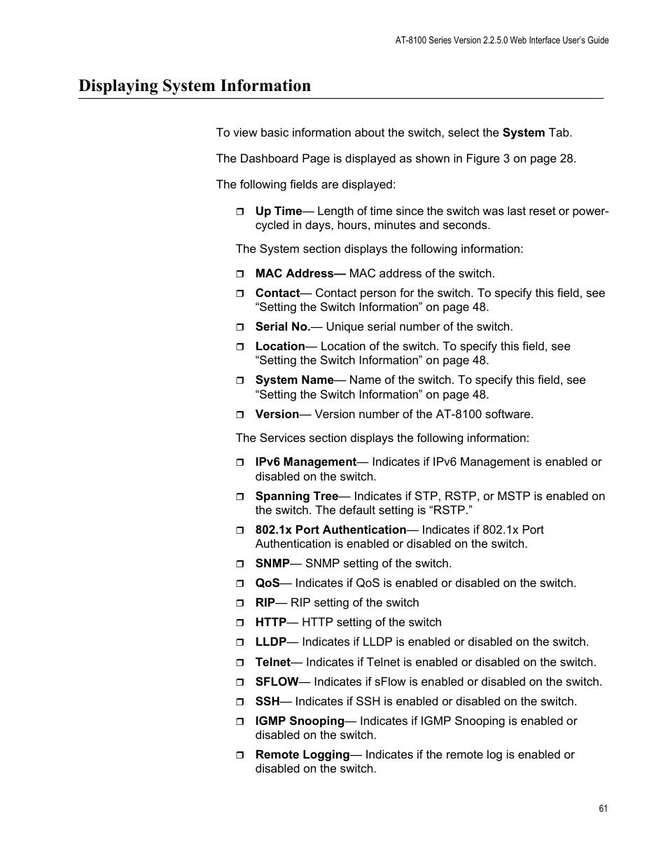 Displaying system information | Allied Telesis AT-8100 Series User Manual | Page 61 / 330