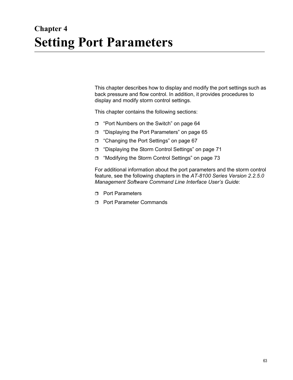 Chapter 4, Setting port parameters, Chapter 4: setting port parameters | Allied Telesis AT-8100 Series User Manual | Page 63 / 330