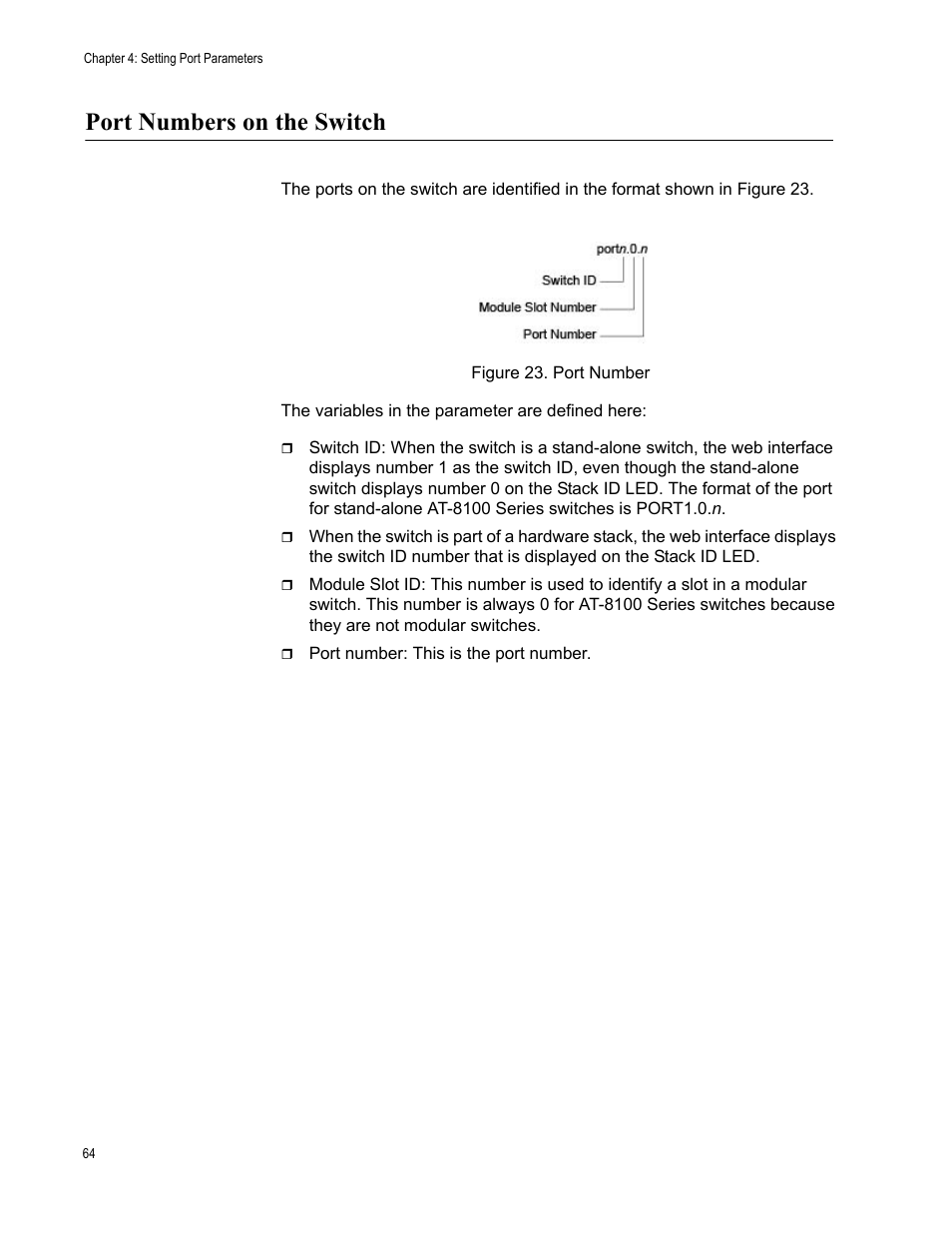 Port numbers on the switch, Figure 23: port number | Allied Telesis AT-8100 Series User Manual | Page 64 / 330