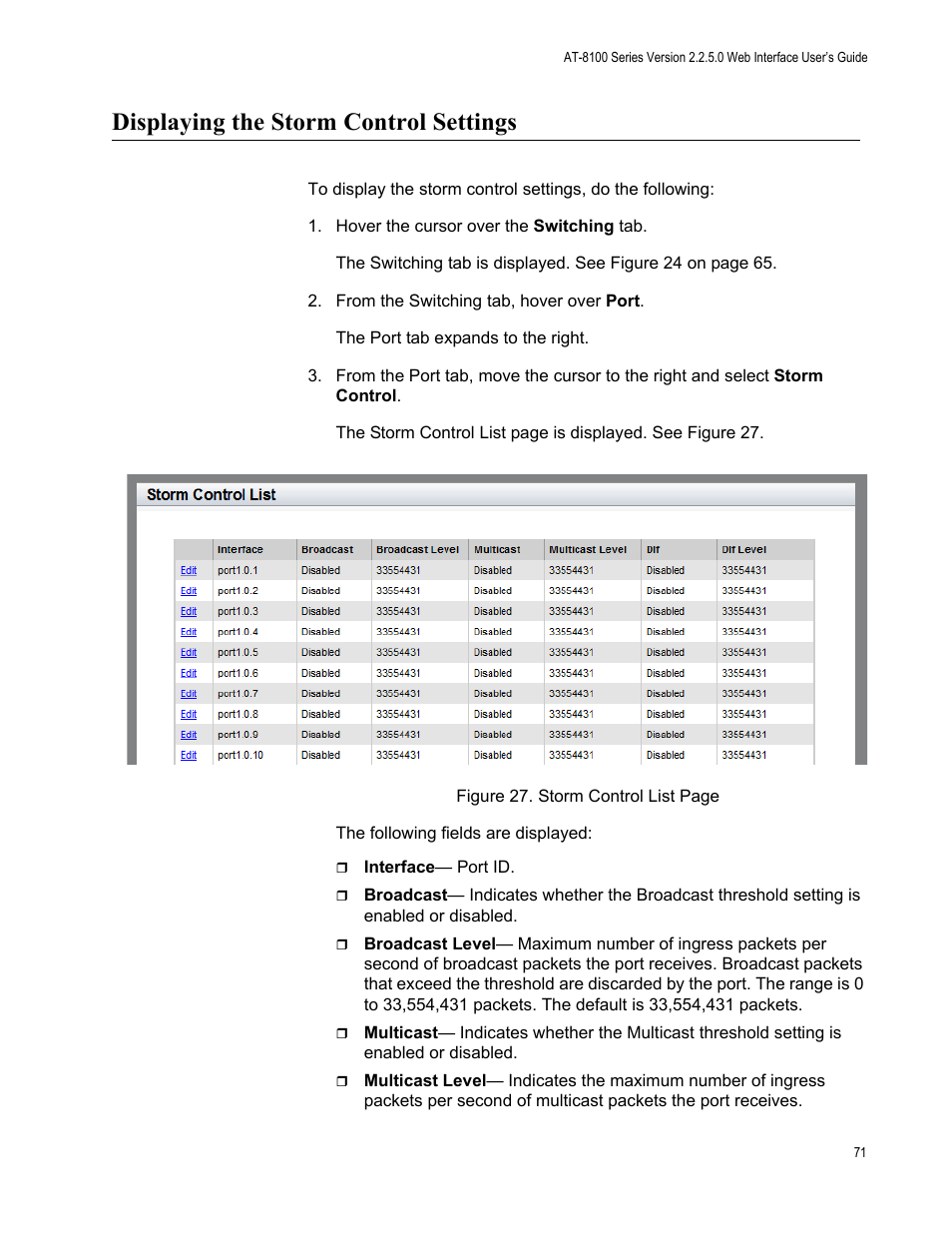 Displaying the storm control settings | Allied Telesis AT-8100 Series User Manual | Page 71 / 330