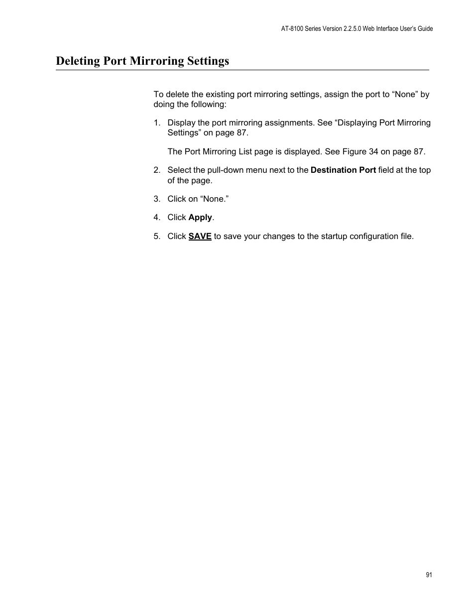 Deleting port mirroring settings | Allied Telesis AT-8100 Series User Manual | Page 91 / 330