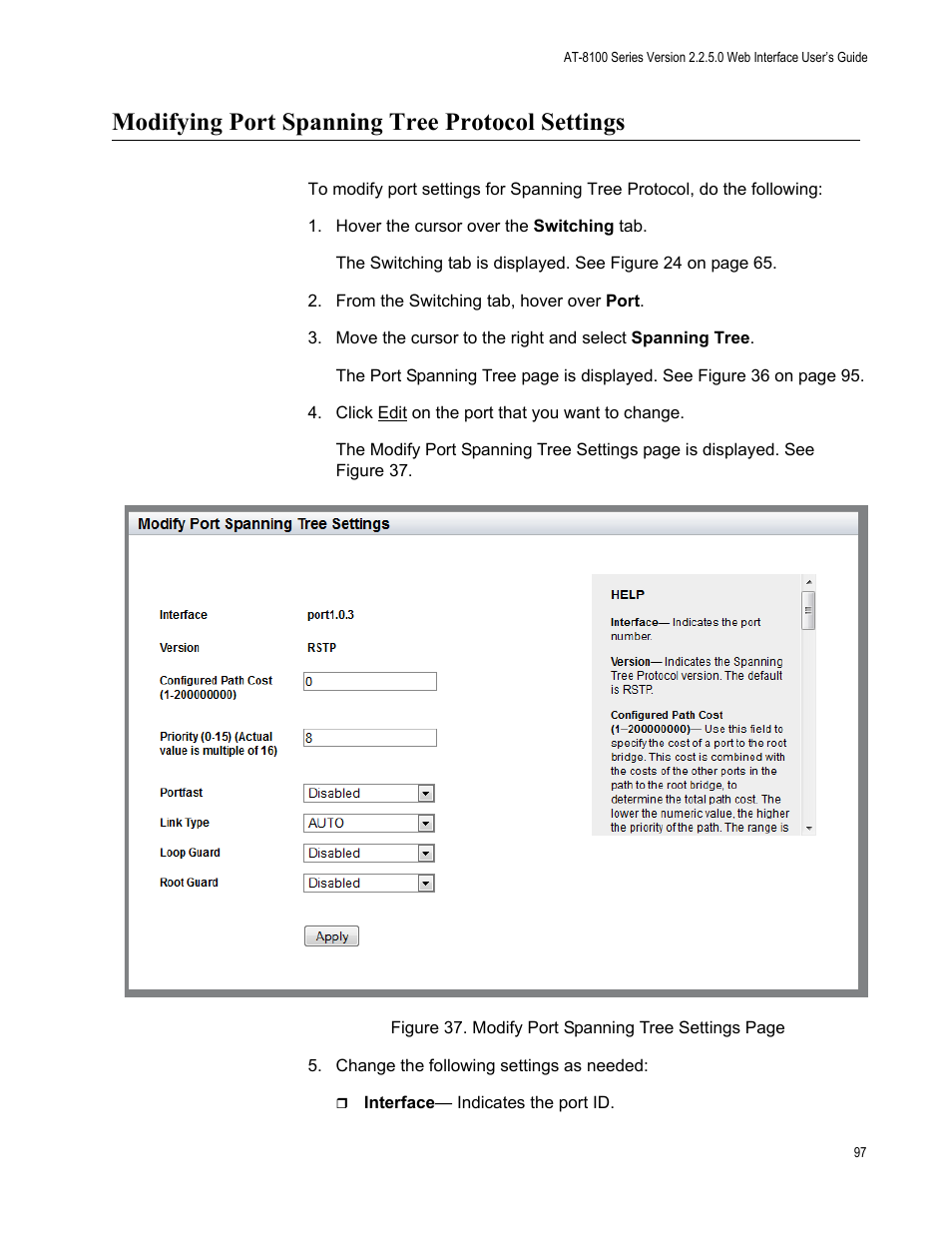 Modifying port spanning tree protocol settings | Allied Telesis AT-8100 Series User Manual | Page 97 / 330