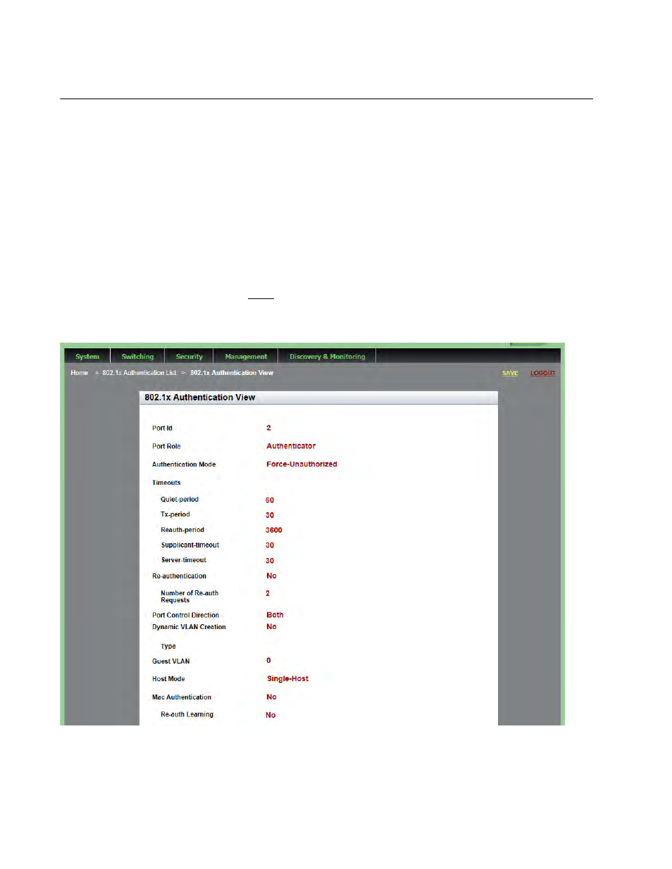 Displaying the 802.1x authentication port settings | Allied Telesis AT-9000 Series User Manual | Page 194 / 258