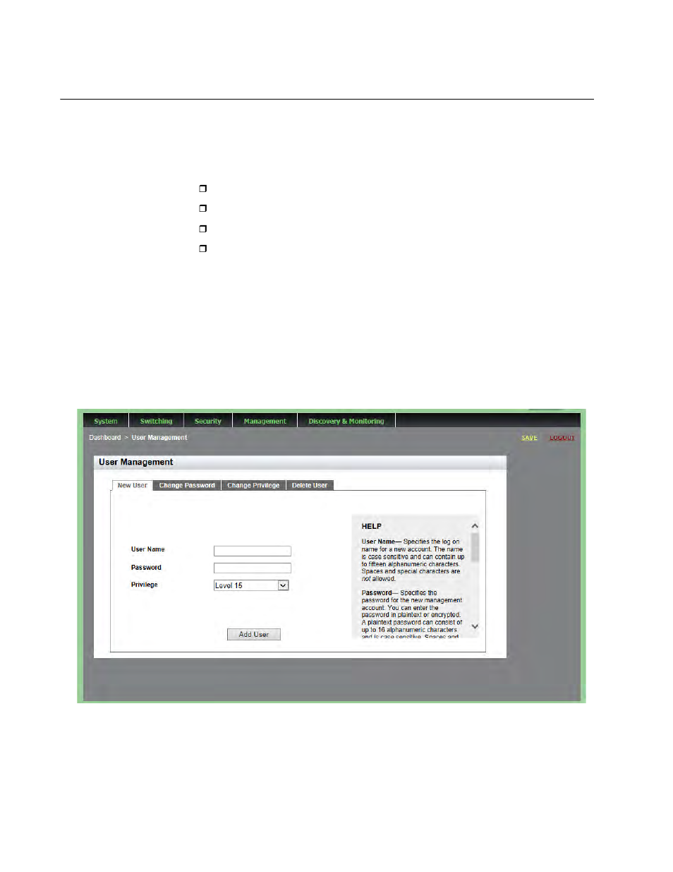 Managing user accounts, Adding a user | Allied Telesis AT-9000 Series User Manual | Page 44 / 258