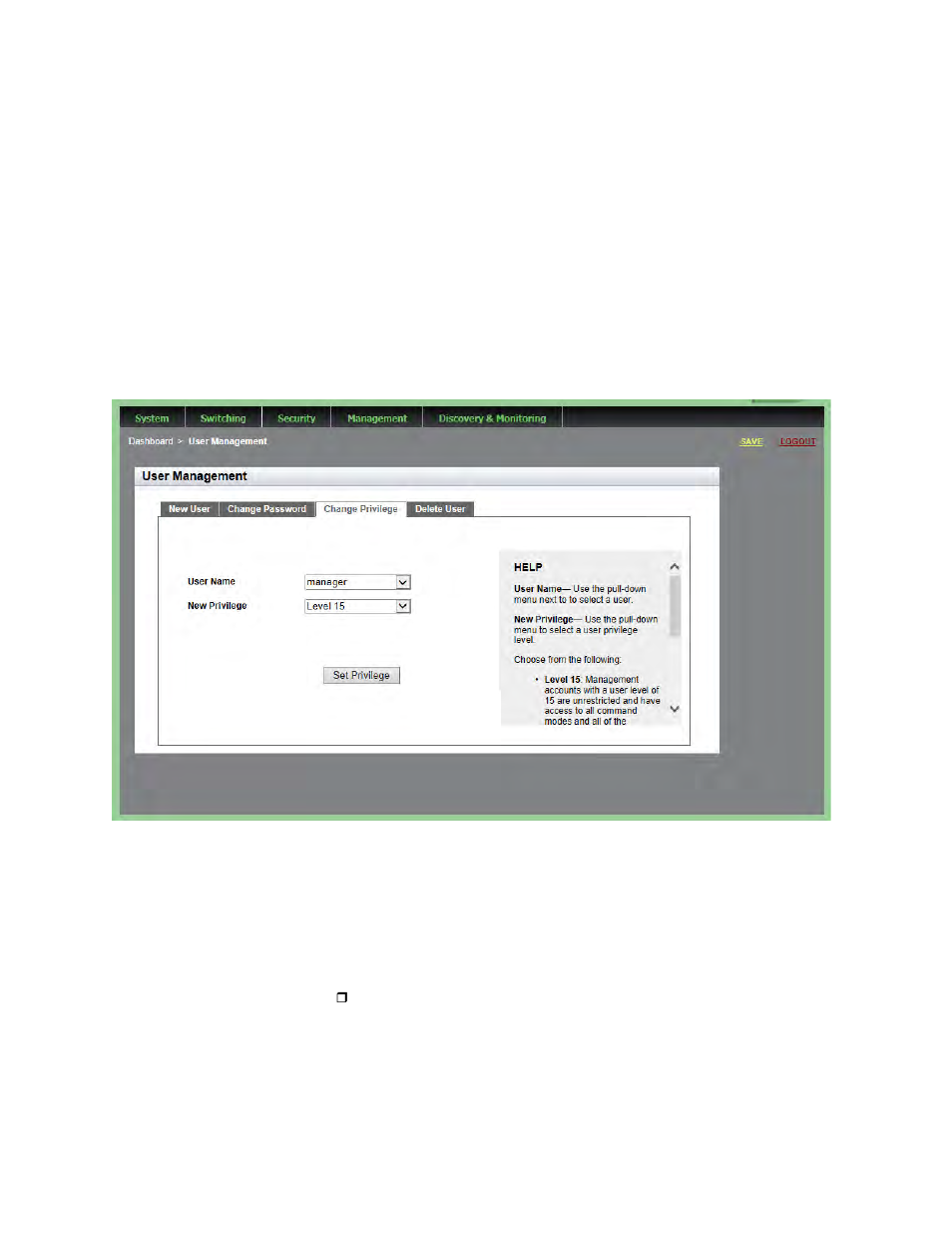 Changing the user privilege | Allied Telesis AT-9000 Series User Manual | Page 47 / 258