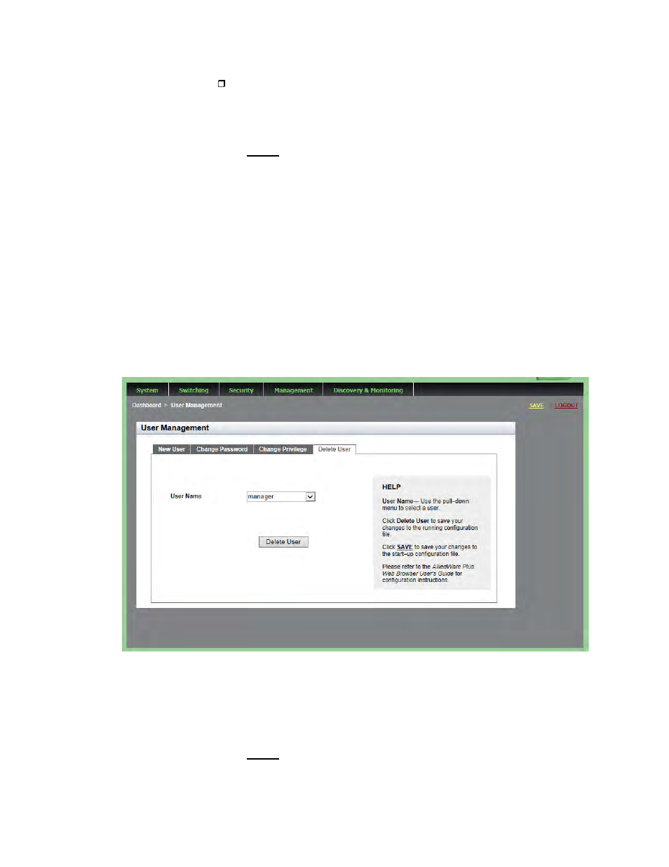 Deleting a user | Allied Telesis AT-9000 Series User Manual | Page 48 / 258